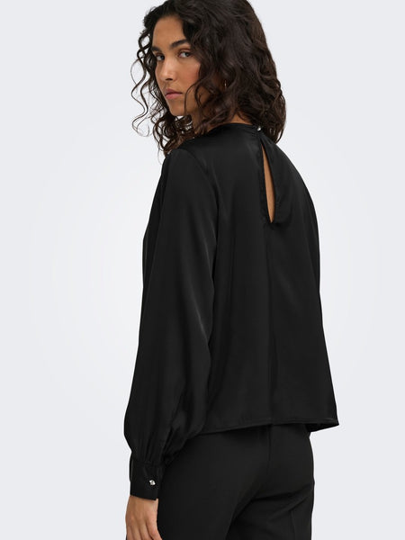 JDY Long Sleeve Satin Look Waterfall Top in Black