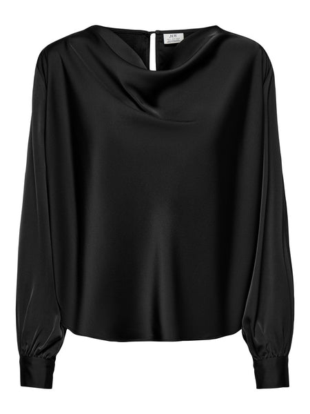 JDY Long Sleeve Satin Look Waterfall Top in Black