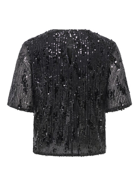 JDY Short Sleeve Sequin Top in Black