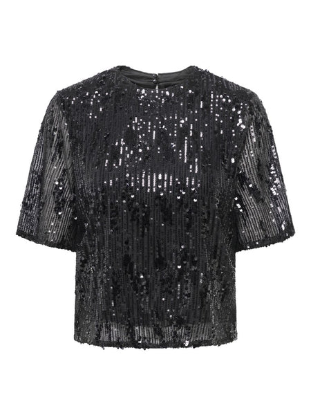 JDY Short Sleeve Sequin Top in Black