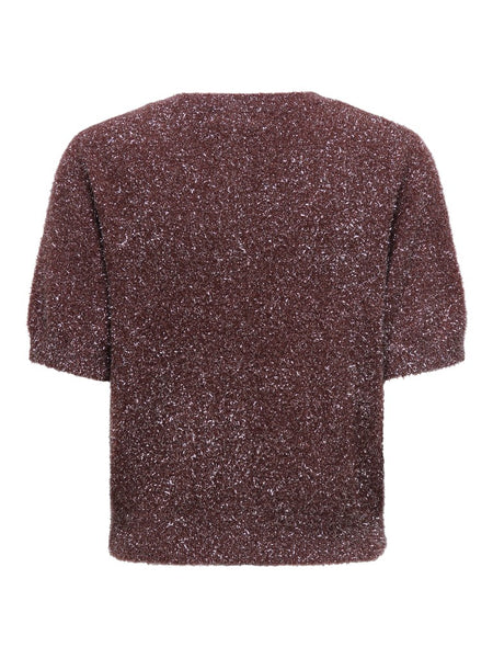 JDY Short Sleeve Glitter Cardigan in Burgundy