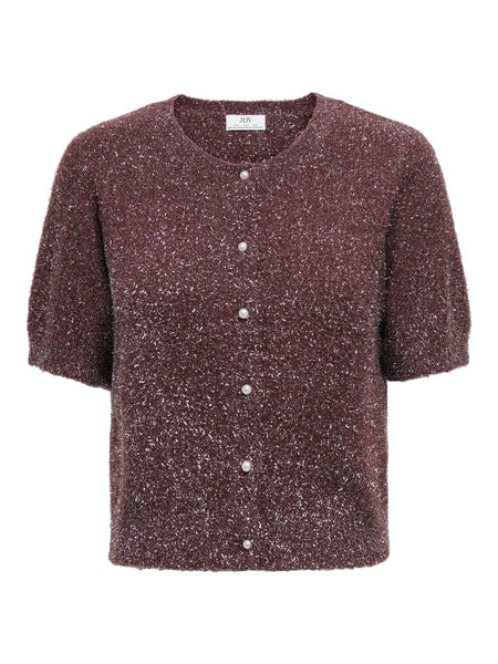 JDY Short Sleeve Glitter Cardigan in Burgundy