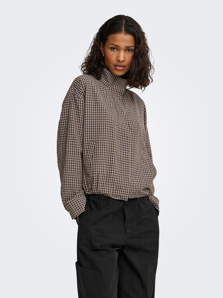 JDY Checked High Neck Jacket in Brown