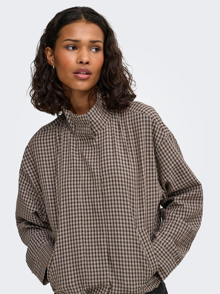 JDY Checked High Neck Jacket in Brown