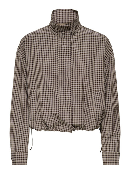 JDY Checked High Neck Jacket in Brown