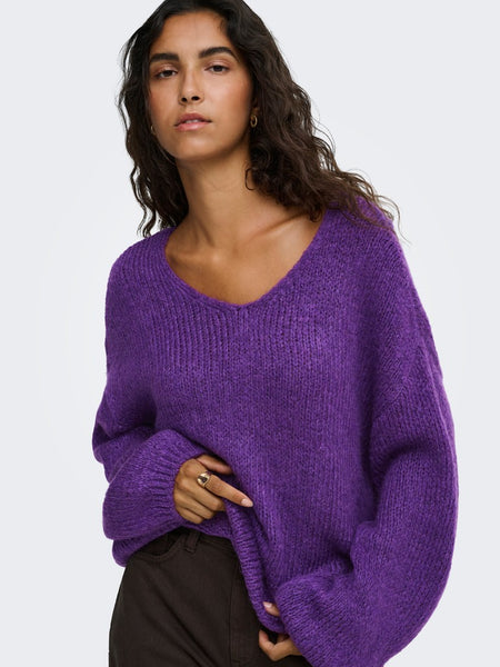 JDY Reversible V-Neck Knit Jumper in Purple