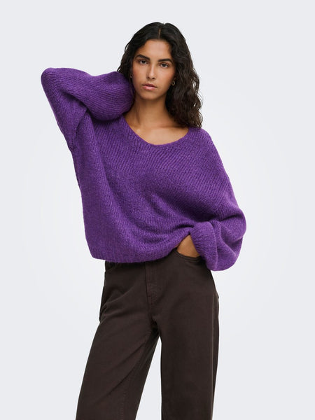 JDY Reversible V-Neck Knit Jumper in Purple