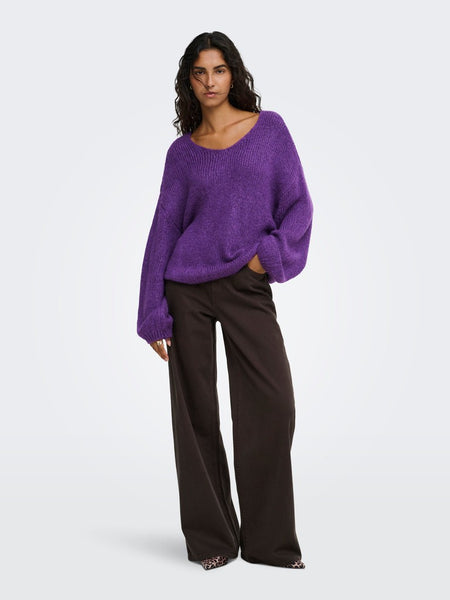 JDY Reversible V-Neck Knit Jumper in Purple