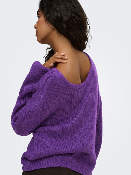 JDY Reversible V-Neck Knit Jumper in Purple
