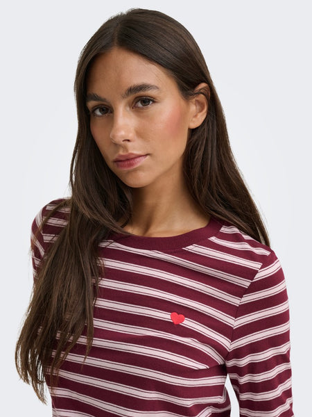JDY Long Sleeve Striped Embroidered Heart Top in Burgundy