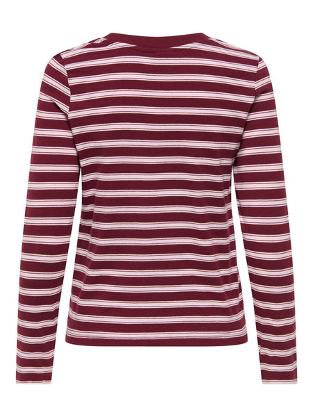 JDY Long Sleeve Striped Embroidered Heart Top in Burgundy