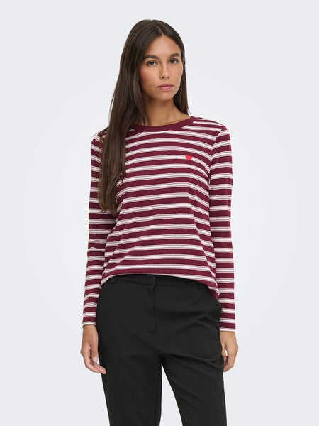 JDY Long Sleeve Striped Embroidered Heart Top in Burgundy