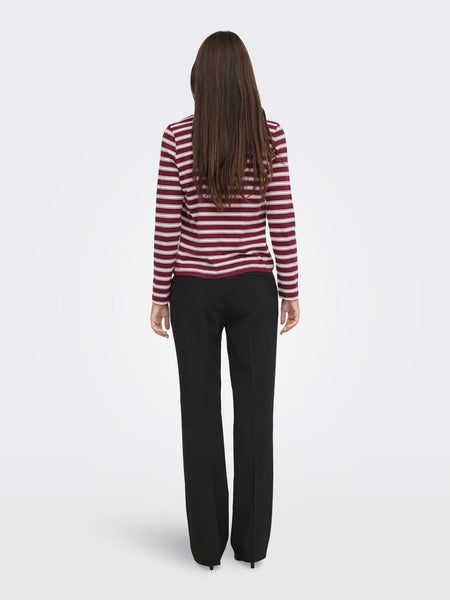 JDY Long Sleeve Striped Embroidered Heart Top in Burgundy