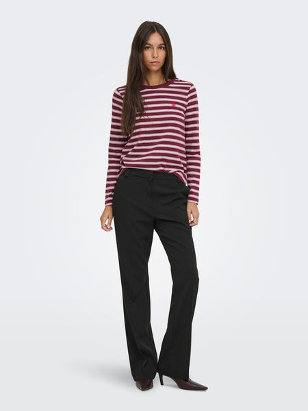 JDY Long Sleeve Striped Embroidered Heart Top in Burgundy