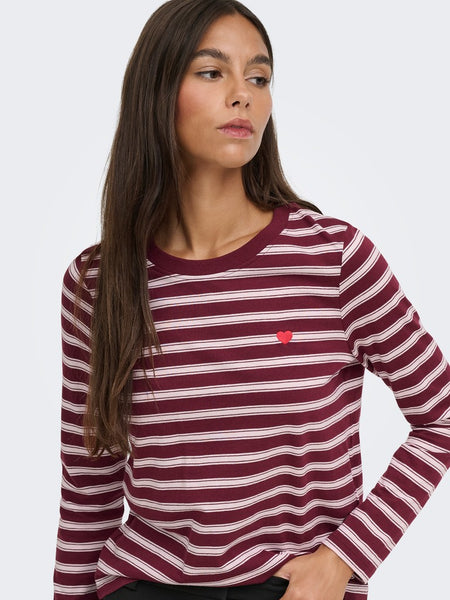 JDY Long Sleeve Striped Embroidered Heart Top in Burgundy
