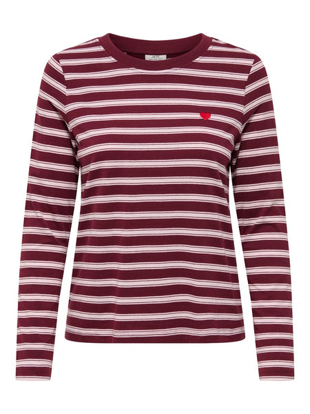 JDY Long Sleeve Striped Embroidered Heart Top in Burgundy