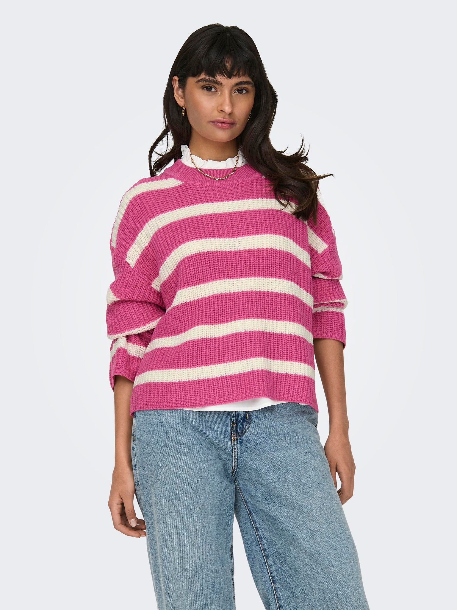 JDY Striped O-Neck Pullover in Pink