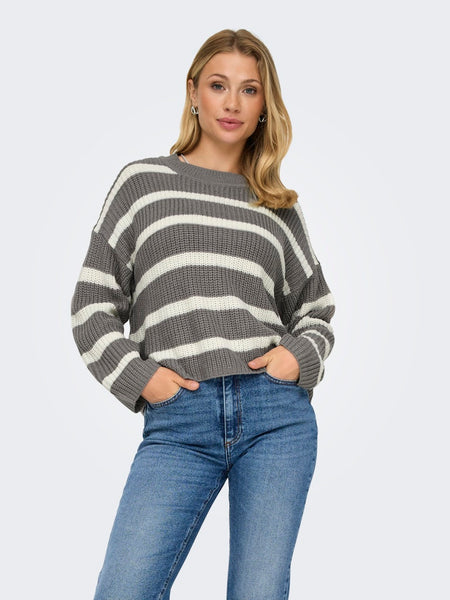 JDY Striped Round Neck Knit Jumper in Grey