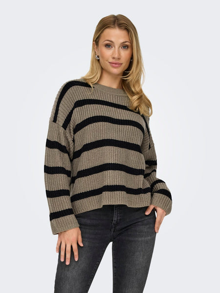 JDY Striped Round Neck Knit Jumper in Brown