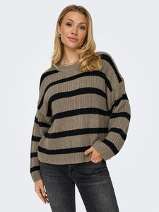 JDY Striped Round Neck Knit Jumper in Brown