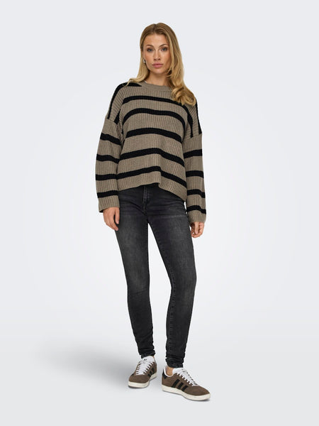 JDY Striped Round Neck Knit Jumper in Brown