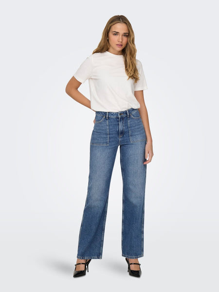 JDY High Waist Wide Leg Jeans in Medium Blue