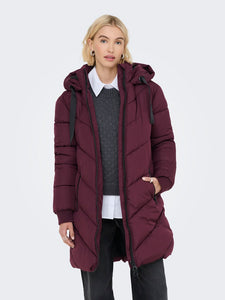 JDY Padded Jacket With Hood in Burgundy