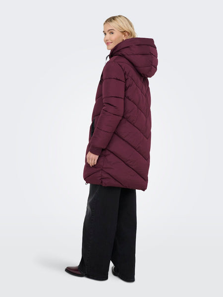 JDY Padded Jacket With Hood in Burgundy