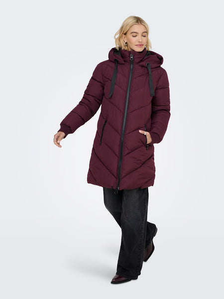 JDY Padded Jacket With Hood in Burgundy