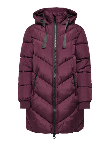 JDY Padded Jacket With Hood in Burgundy