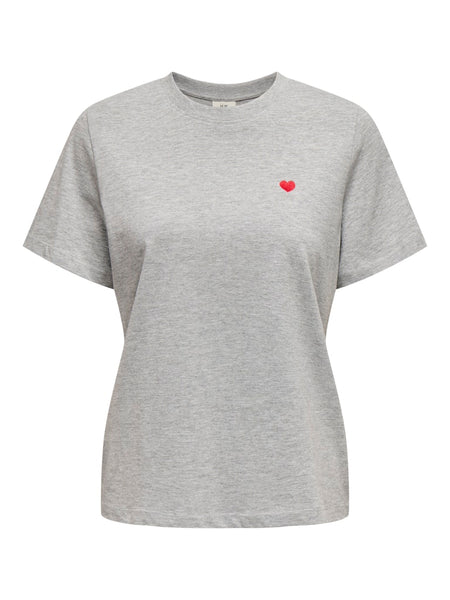 JDY Embroidered Heart T-Shirt in Grey