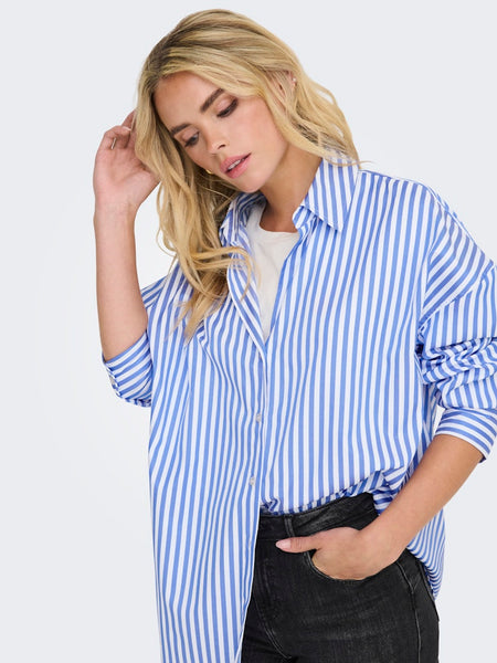 JDY Striped V-Neck Shirt in Blue