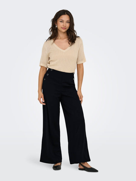 JDY Side Button Detail Wide Leg Trousers in Black