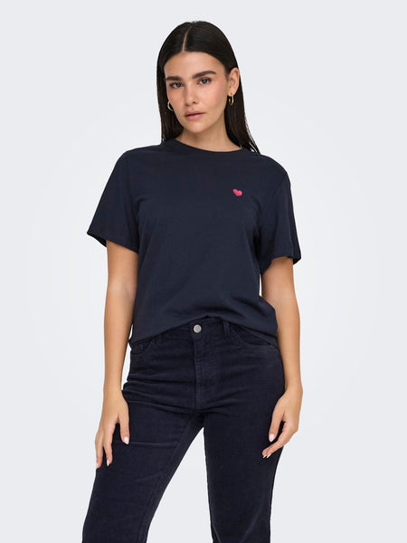 JDY Embroidered Heart T-Shirt in Navy