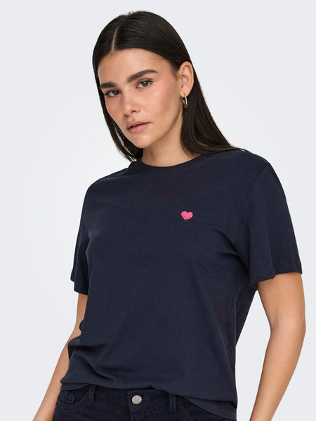 JDY Embroidered Heart T-Shirt in Navy