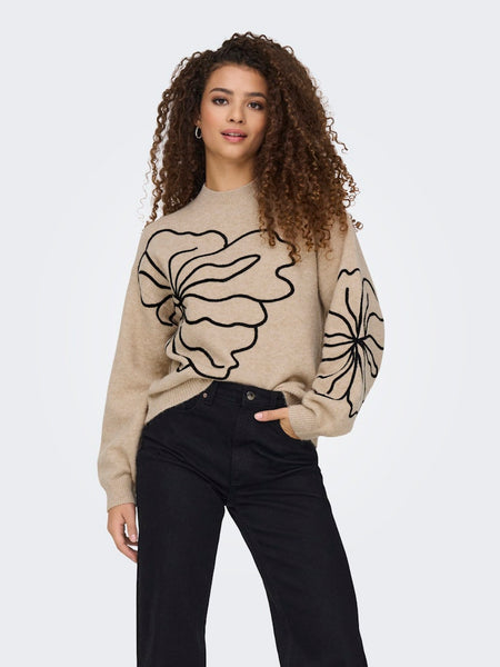 JDY Flower Print Knit Jumper in Beige
