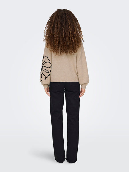 JDY Flower Print Knit Jumper in Beige