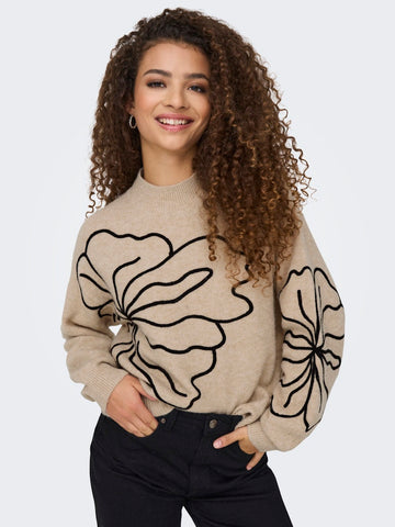 JDY Flower Print Knit Jumper in Beige