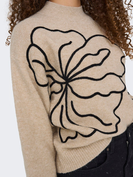JDY Flower Print Knit Jumper in Beige