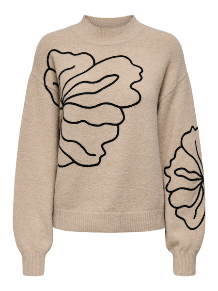 JDY Flower Print Knit Jumper in Beige
