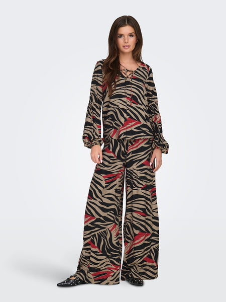 JDY Zebra Print Palazzo Trousers in Beige