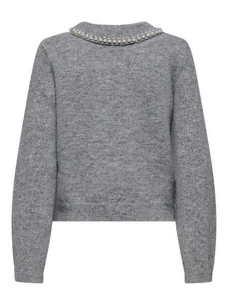 JDY Knitted Collar Jumper With Pearls in Grey