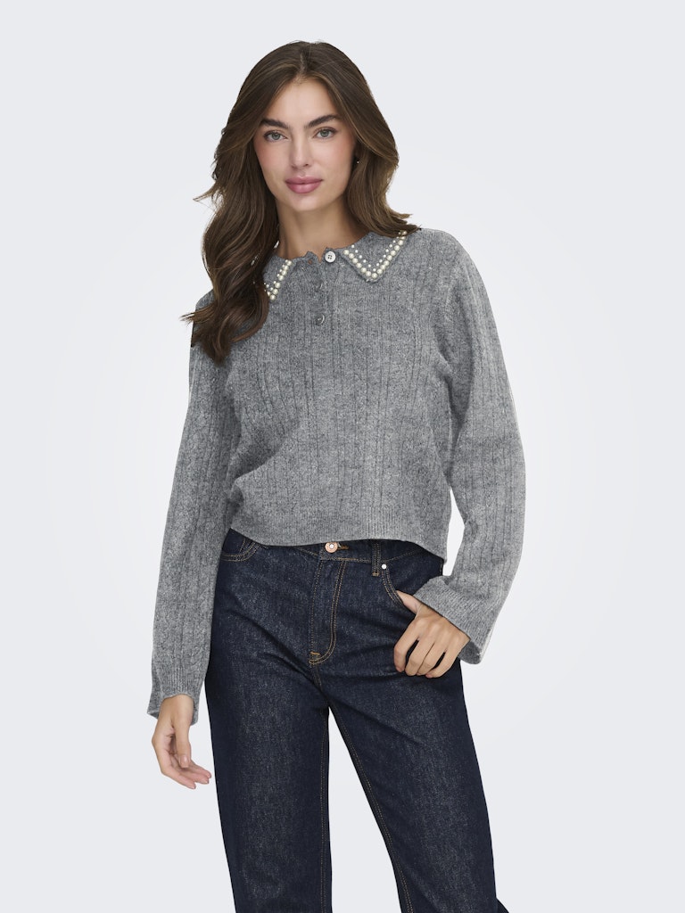 JDY Knitted Collar Jumper With Pearls in Grey