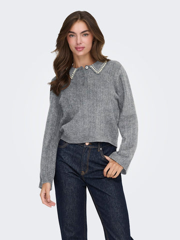 JDY Knitted Collar Jumper With Pearls in Grey