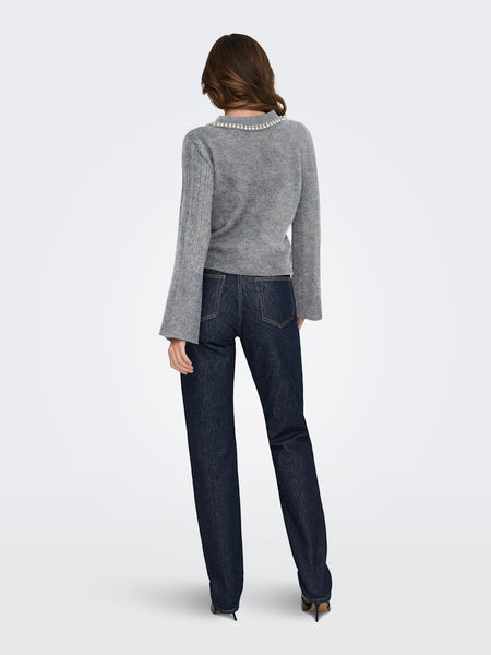 JDY Knitted Collar Jumper With Pearls in Grey