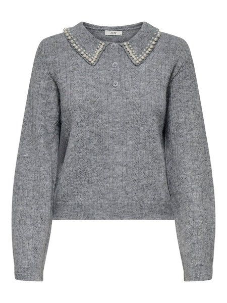 JDY Knitted Collar Jumper With Pearls in Grey