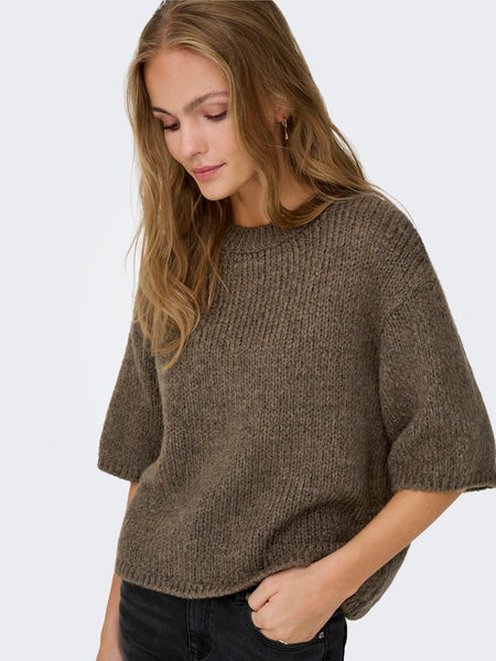 JDY Short Sleeve Knit Top in Khaki
