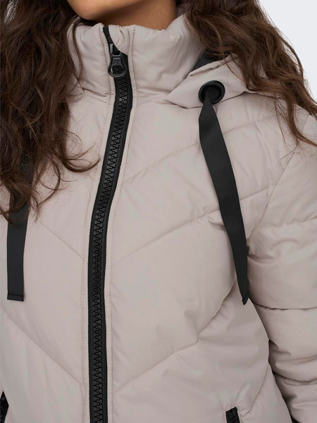 JDY Long Padded Jacket With Hood in Cream