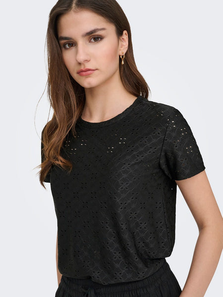 JDY Broderie Anglaise Detail T-Shirt in Black