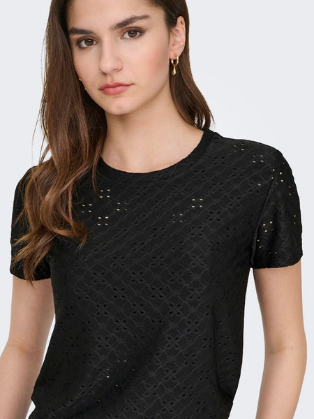 JDY Broderie Anglaise Detail T-Shirt in Black